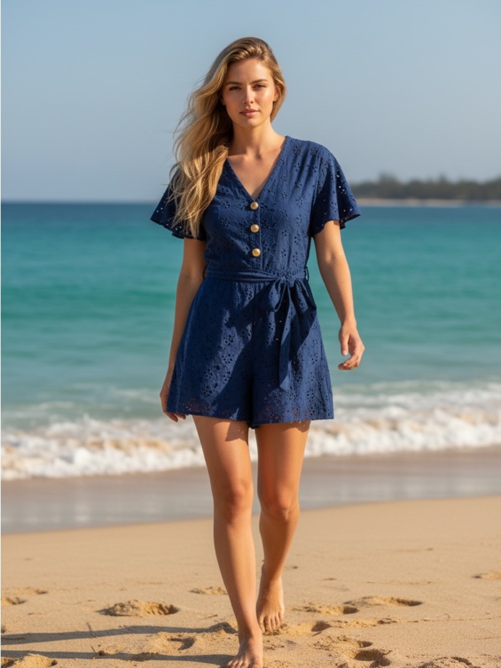 Navy Eyelet Tie-Waist Romper - Women
